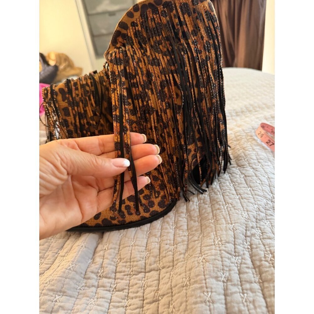 Ouepiano Womens Cowboy Boots Size 8.5 Leopard  Rhinestone Fringe Coachella New - Picture 13 of 16